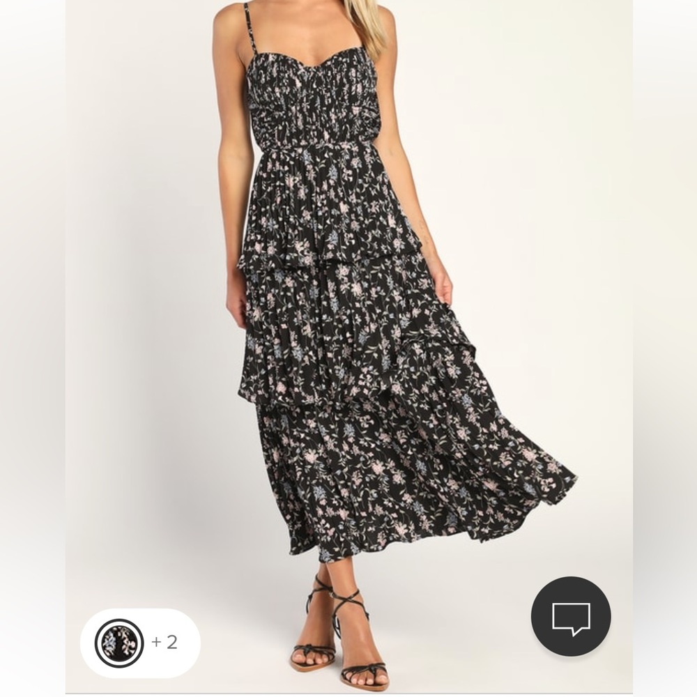 “Cascading Crush” Black Floral Print Tiered Dress from Lulus